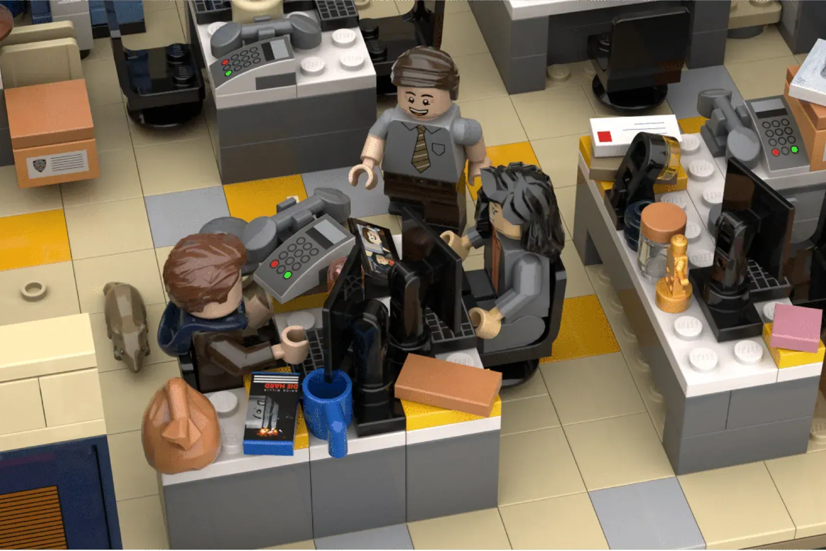 LEGO Brooklyn Nine-Nine precinct bullpen with minifigures at desks and office equipment.