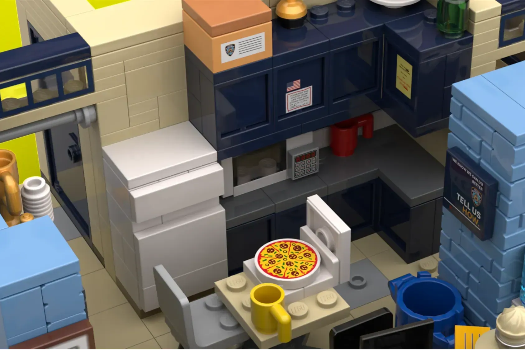 LEGO Brooklyn Nine-Nine precinct bullpen with pizza, desk, and police station details.