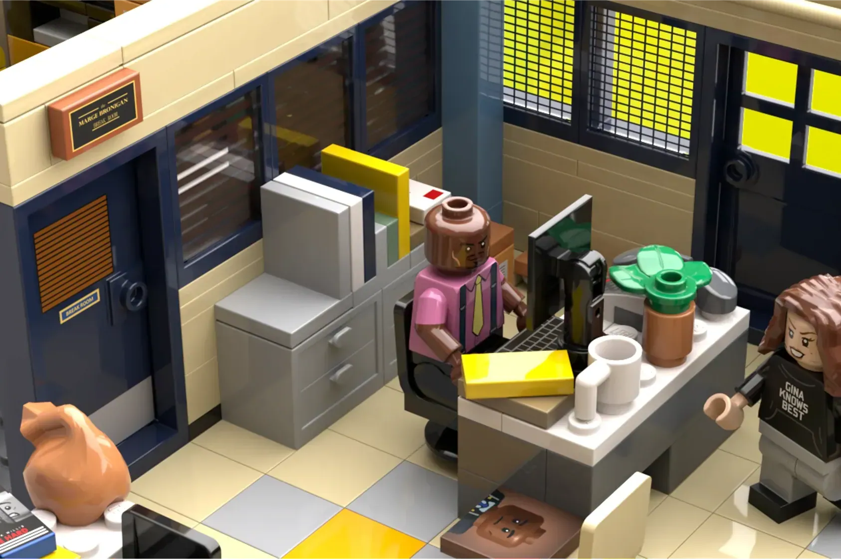 LEGO Brooklyn Nine-Nine precinct interior with minifigures, desks, filing cabinets, and office details.