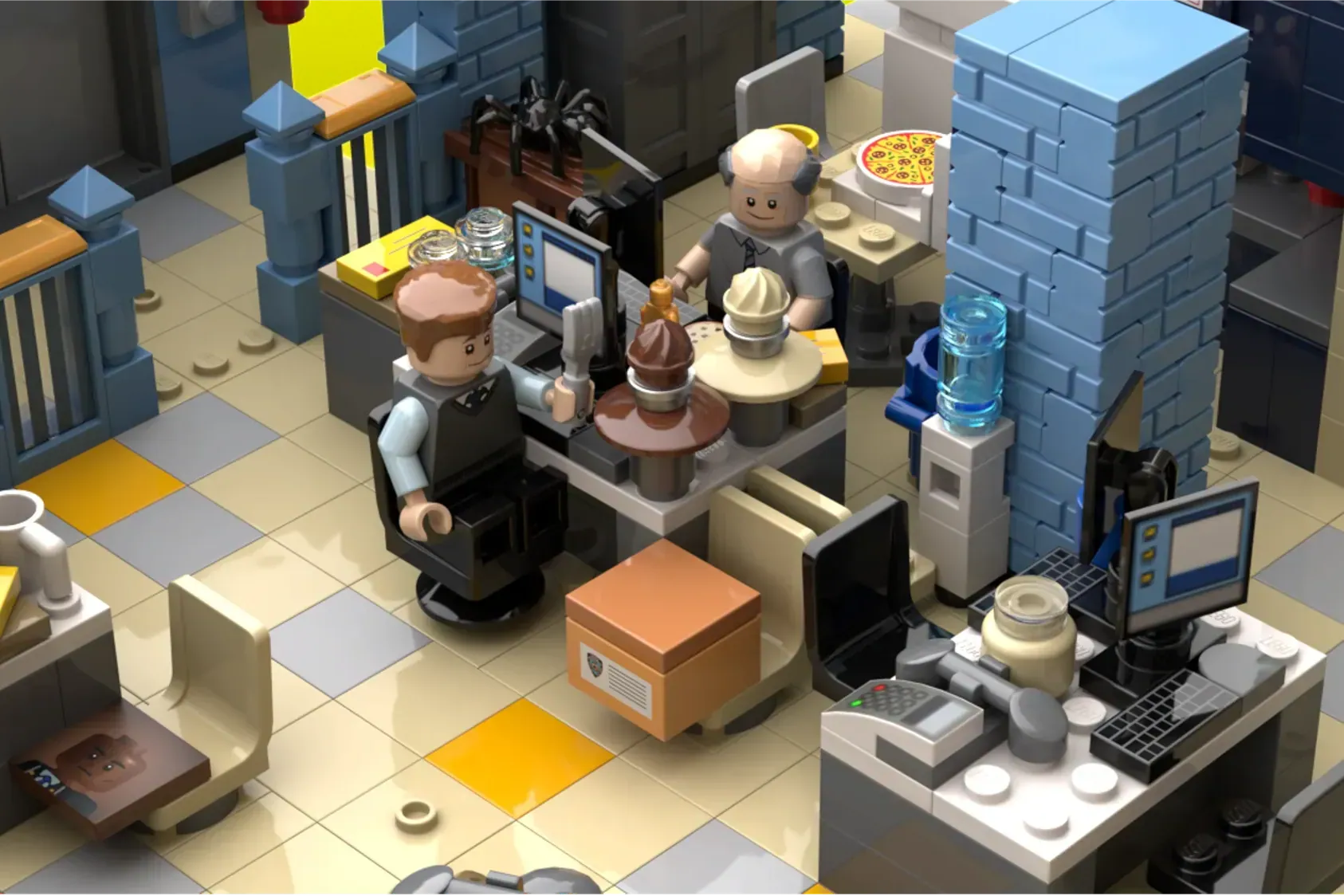 LEGO Brooklyn Nine-Nine precinct interior with two minifigures, desks, computer, pizza, and blue brick walls.