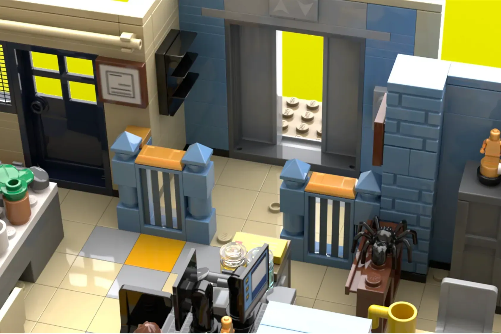 LEGO Brooklyn Nine-Nine precinct interior with desks, cells, and yellow accent details.