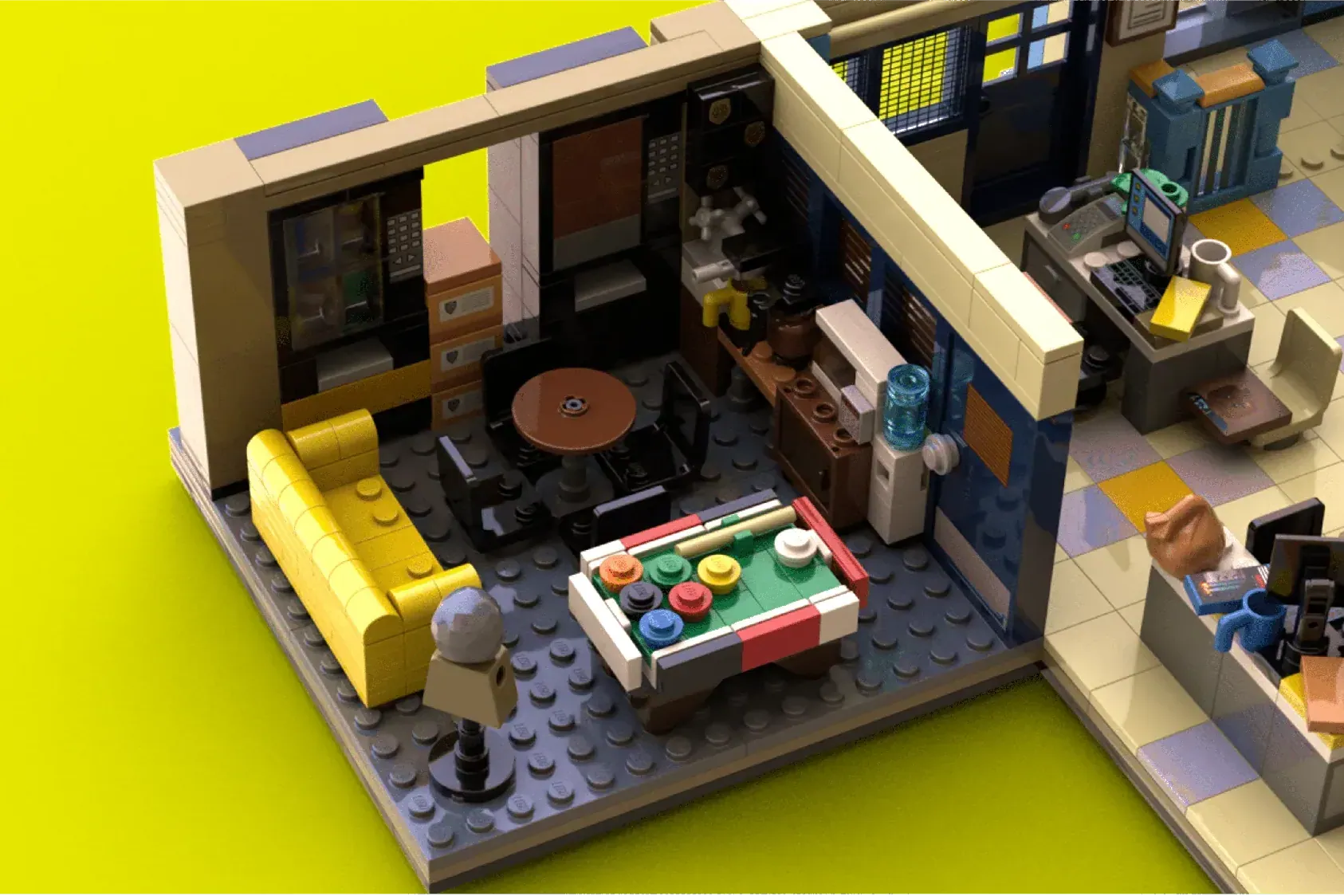 LEGO Brooklyn Nine-Nine precinct interior with yellow couch, pool table, and detailed office furniture.