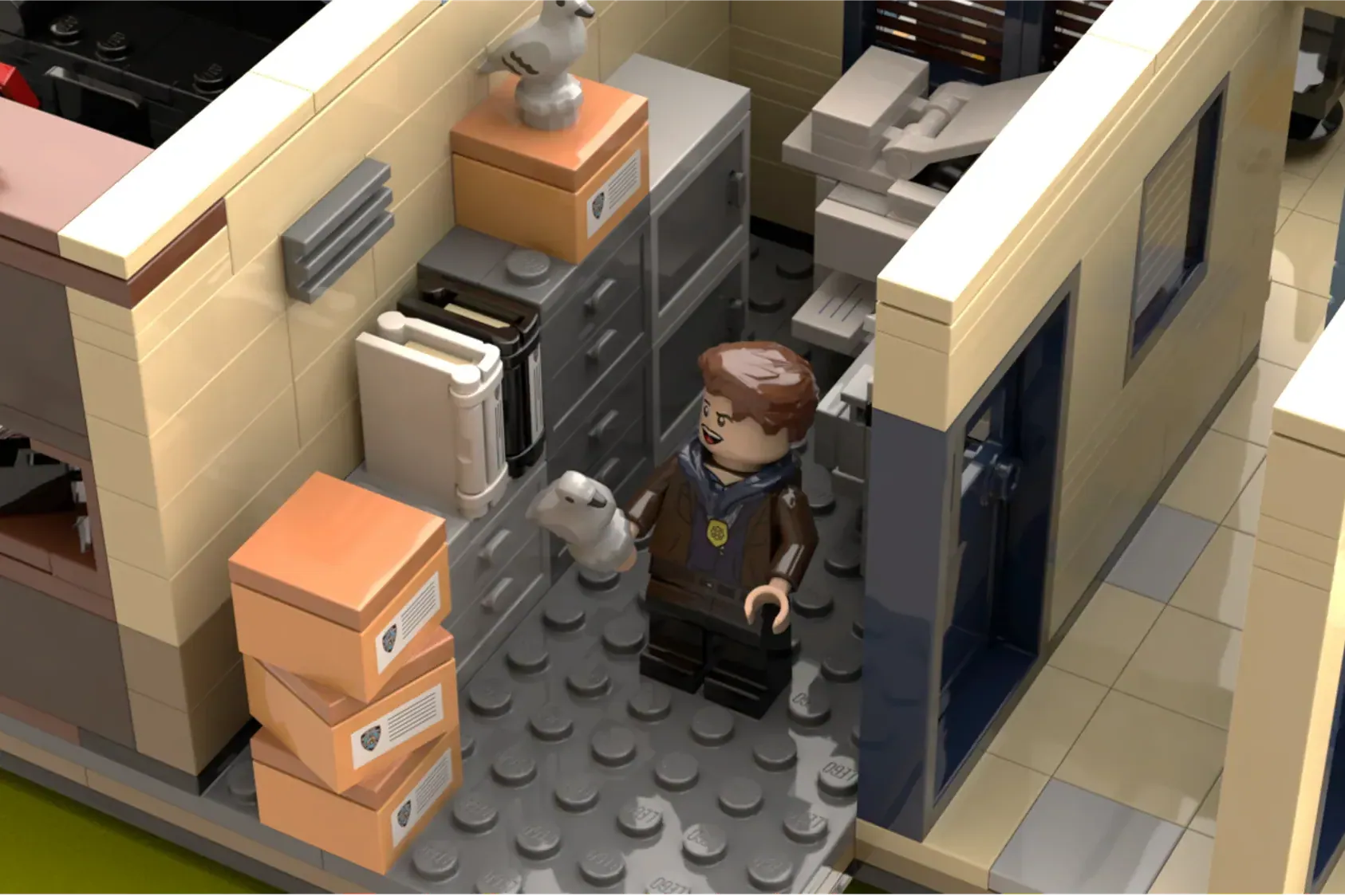 LEGO Brooklyn Nine-Nine precinct bullpen with minifigure and office equipment on gray baseplate.