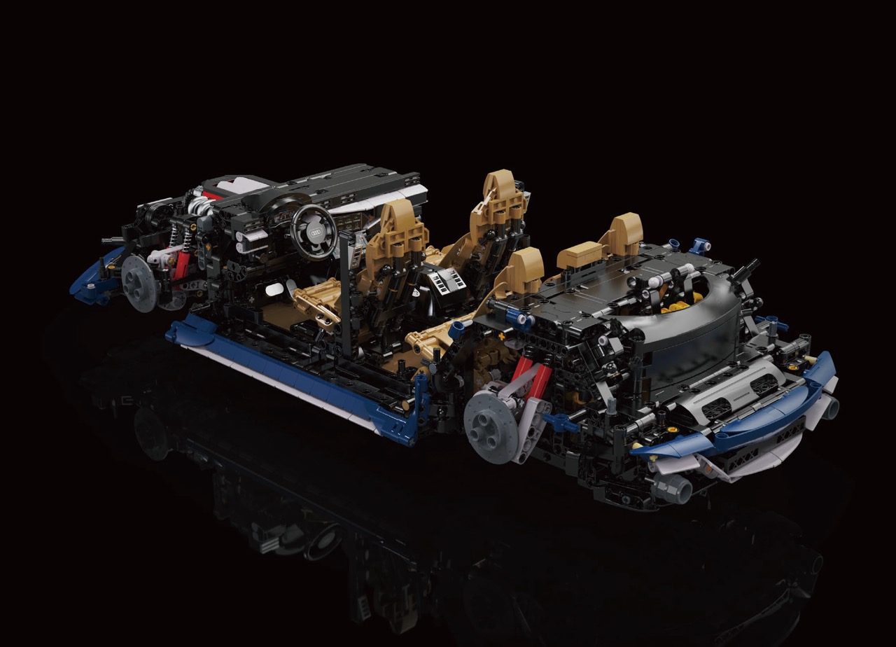 CaDA Audi RS6 building set displayed with detailed engine and interior components against black background.