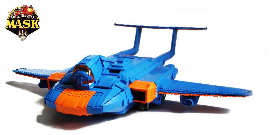 LEGO M.A.S.K. Thunderhawk jet vehicle in blue and orange with opening cockpit and extended wings.