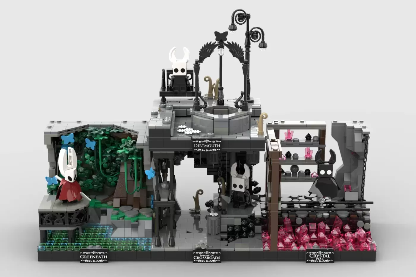 LEGO Ideas Hollowknight set with three themed zones: Greenpath, Crossroads, and Crystal featuring minifigures and detailed…