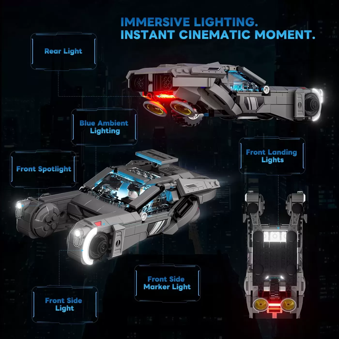 LEGO Blade Runner 2049 Spinner vehicle with illuminated features labeled: front spotlight, landing lights, side markers, r…