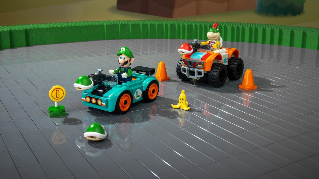 LEGO Super Mario racing set with Luigi minifigure in turquoise kart, Bowser in orange ATV, green shell item, and banana ob…