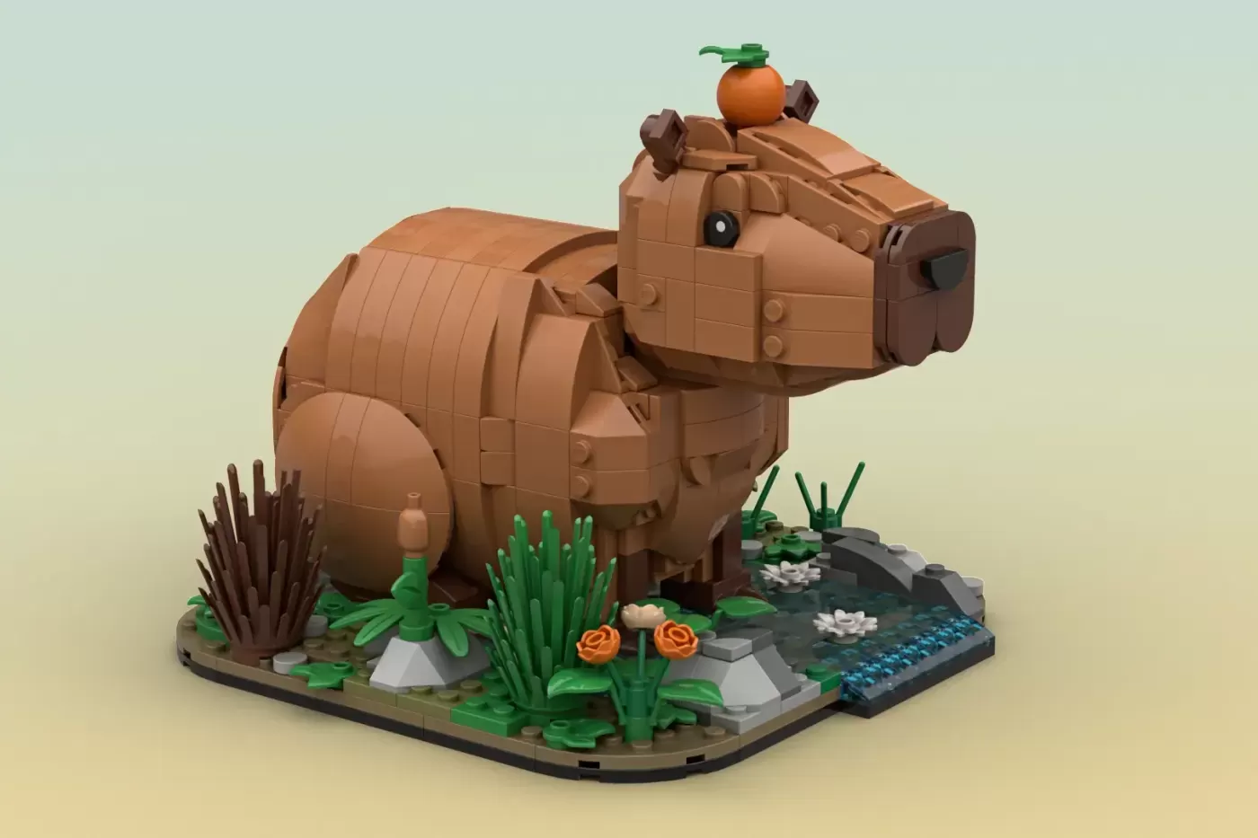 LEGO capybara build with orange fruit on head, surrounded by plants and flowers on base.
