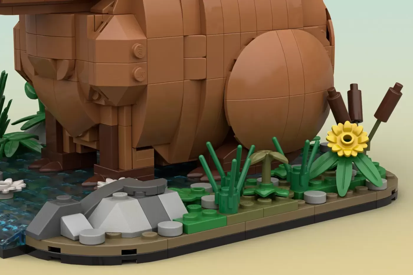LEGO capybara build with barrel body, water, plants, and yellow flower in natural habitat diorama.