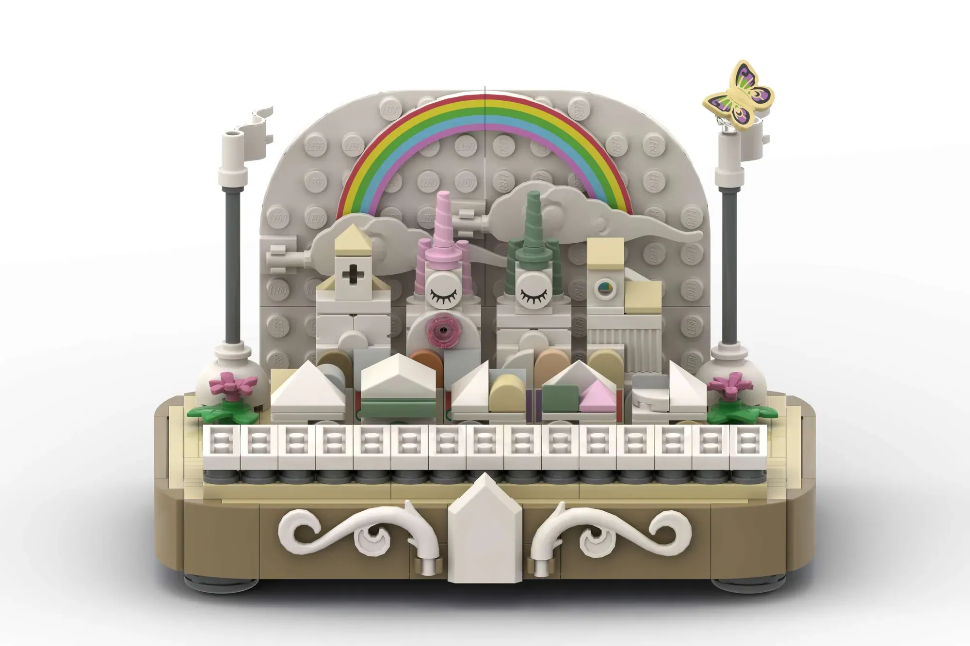 LEGO unicorn music box set featuring rainbow, clouds, and pastel-colored unicorn heads with decorative base and butterfly …