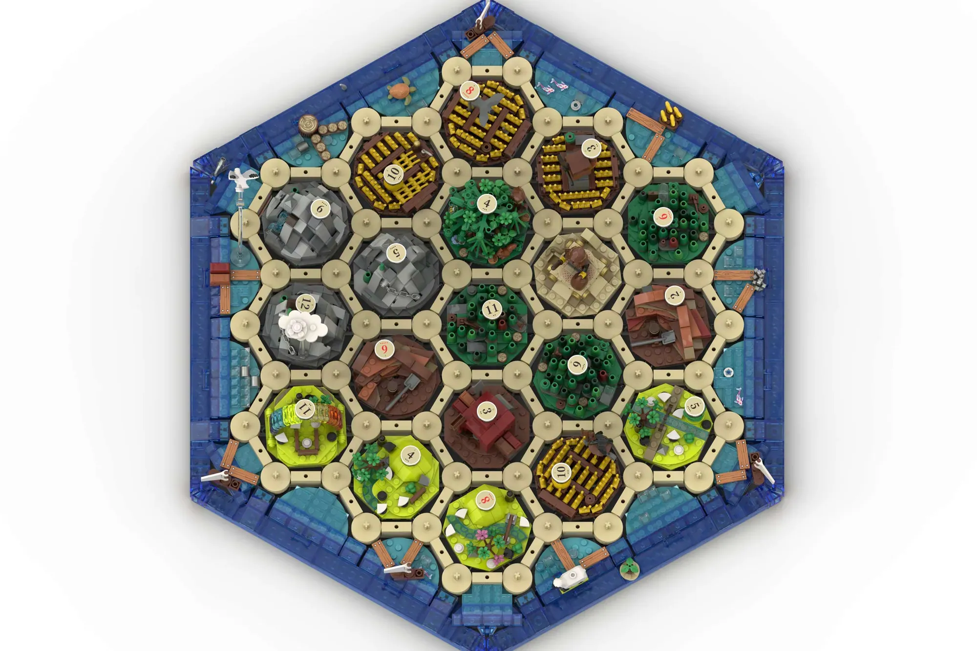 LEGO CATAN board game with hexagonal terrain tiles, wooden resource tokens, and minifigures arranged in a playable hexagon…