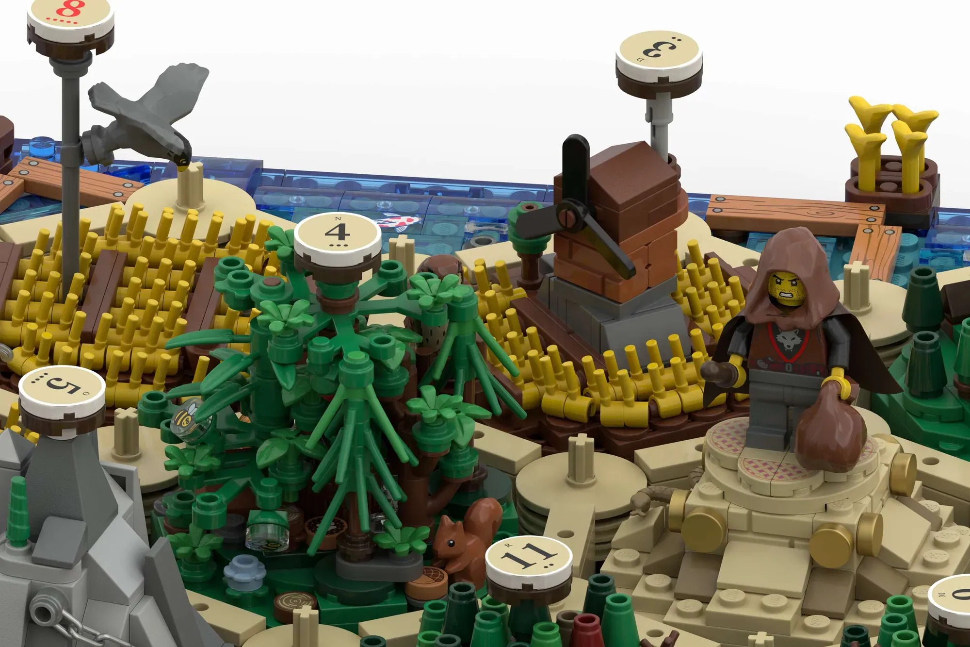 LEGO Catan board game with numbered tiles, resource tokens, minifigure, and terrain features built from colorful bricks.