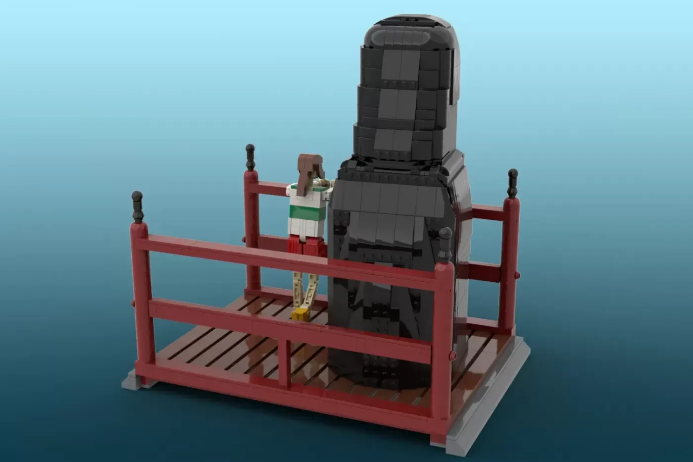LEGO No-Face figure in black tower on red wooden platform with Chihiro minifigure and gold coins.
