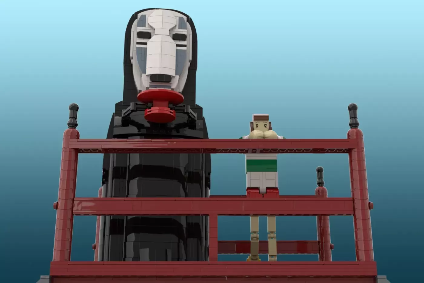 LEGO No-Face mask sculpture with red bridge structure and minifigures against blue background.