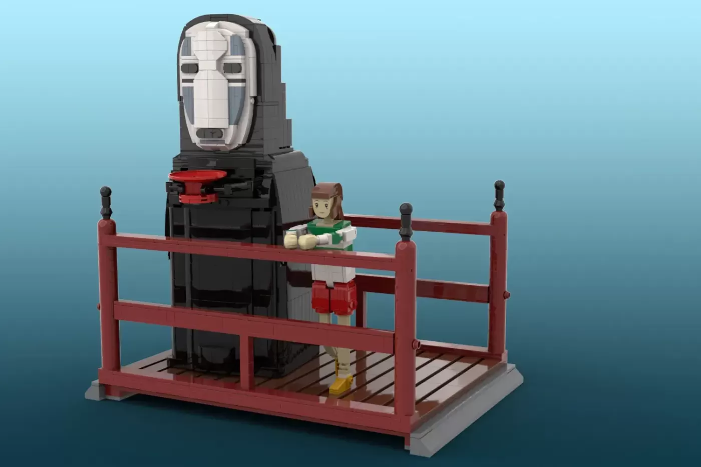 LEGO MOC of Chihiro and No-Face on red wooden bridge with piggy bank mechanism.