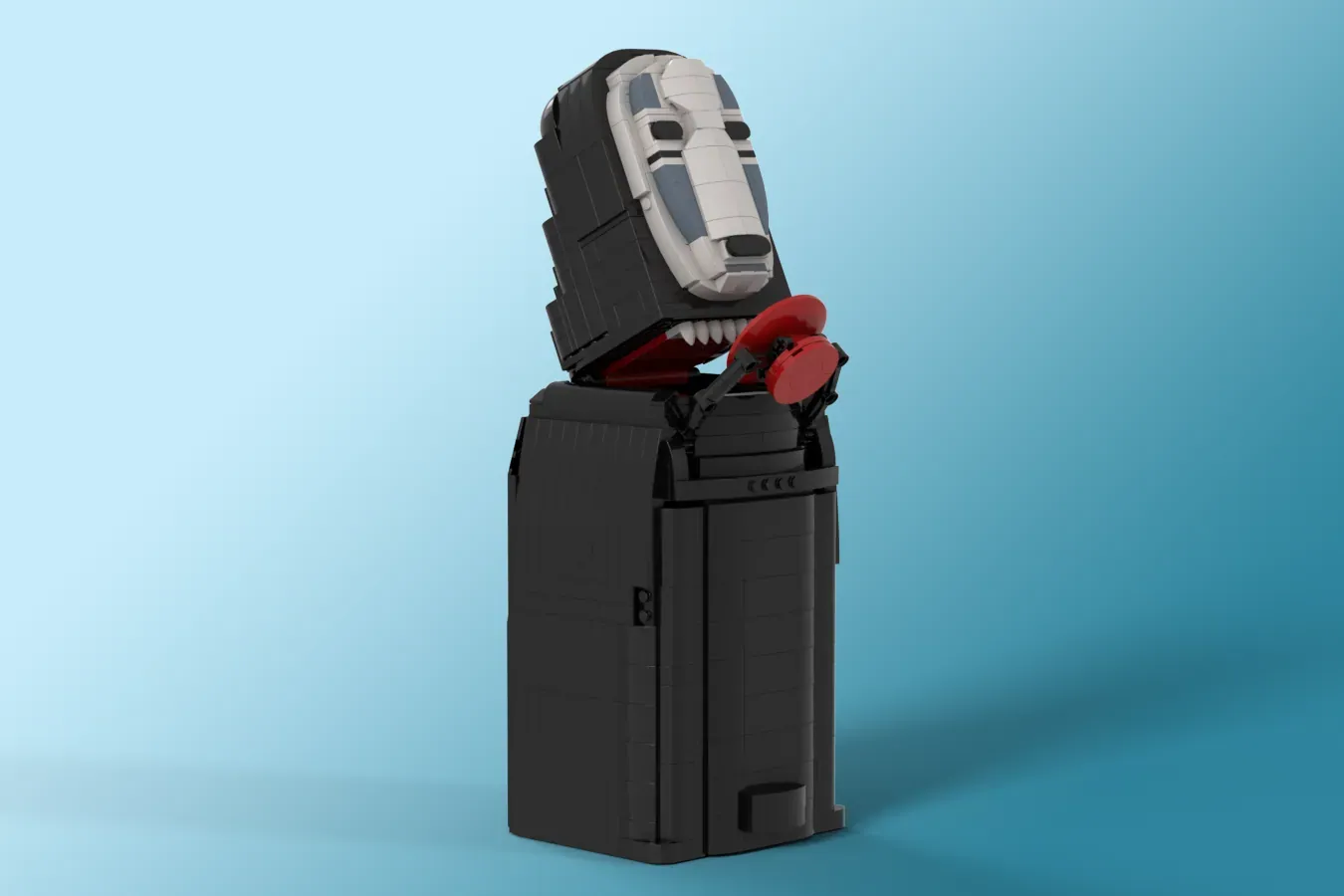 LEGO No-Face figure with articulated red arms perched atop black cylindrical piggy bank body against blue background.