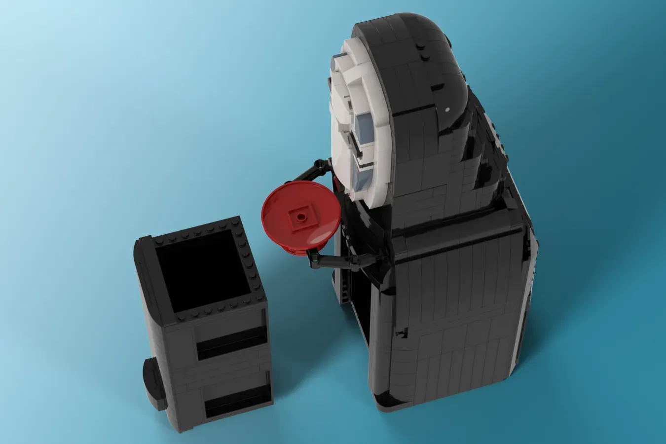 LEGO No-Face figure holding red disc next to small display unit on blue background.