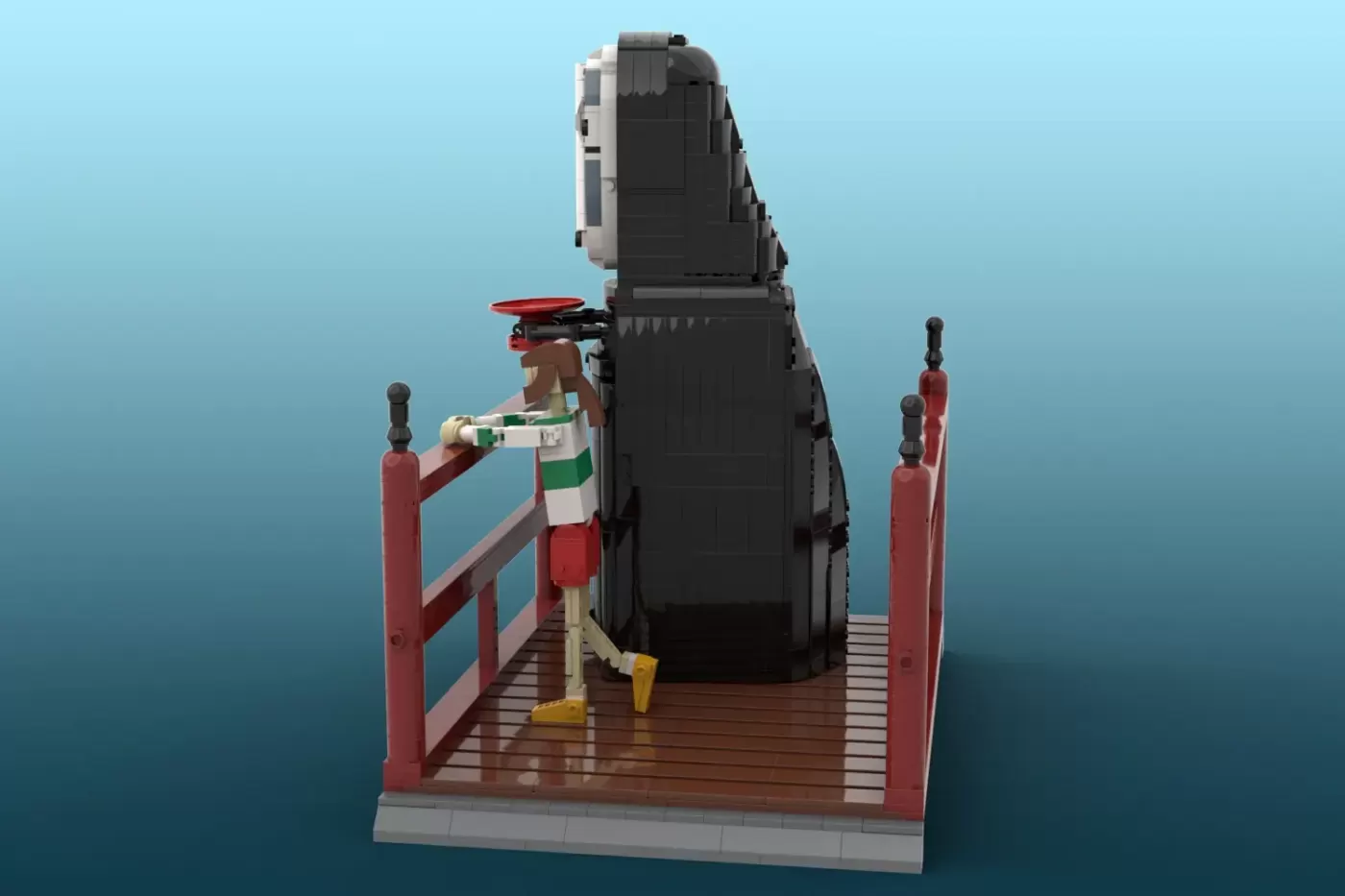 LEGO MOC depicting Chihiro on a red bridge beside a large black No-Face figure from Studio Ghibli's Spirited Away.