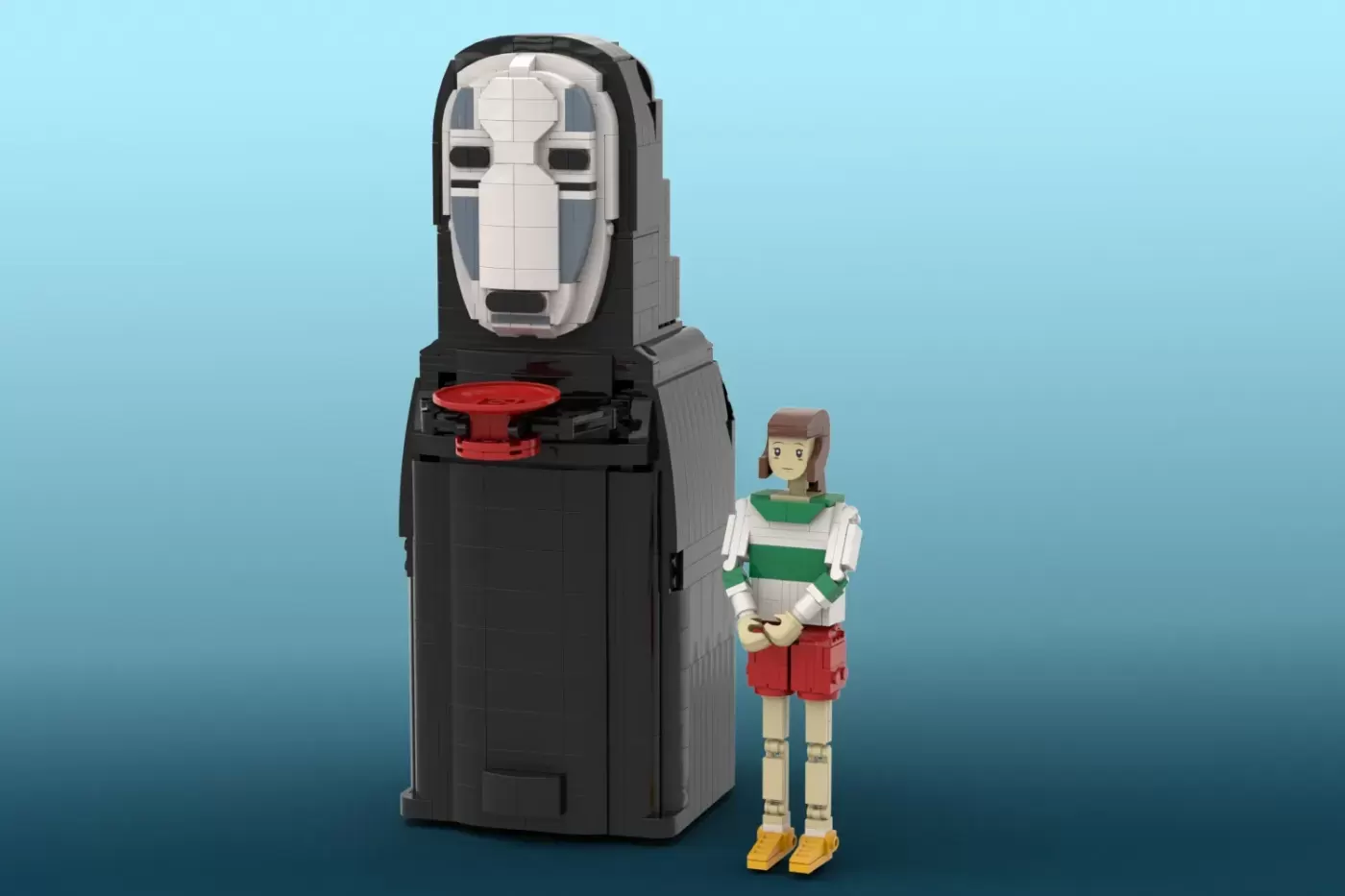 LEGO No-Face piggy bank tower next to Chihiro minifigure in green and red outfit against blue background.