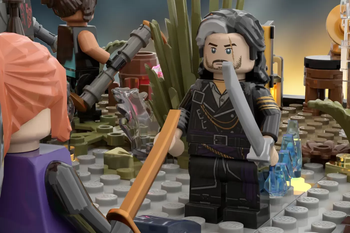 LEGO minifigure with long dark hair and black outfit holds a sword in a Belle Époque-themed diorama with plants and period…