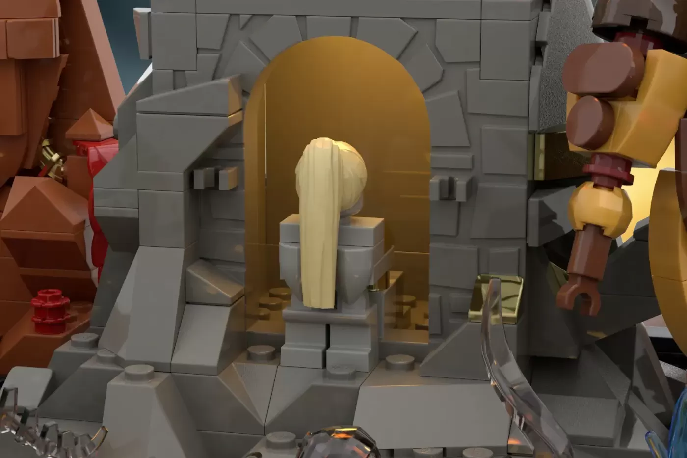LEGO scene of an ornate golden archway with cream-colored statue, flanked by period figures in Belle Époque setting.