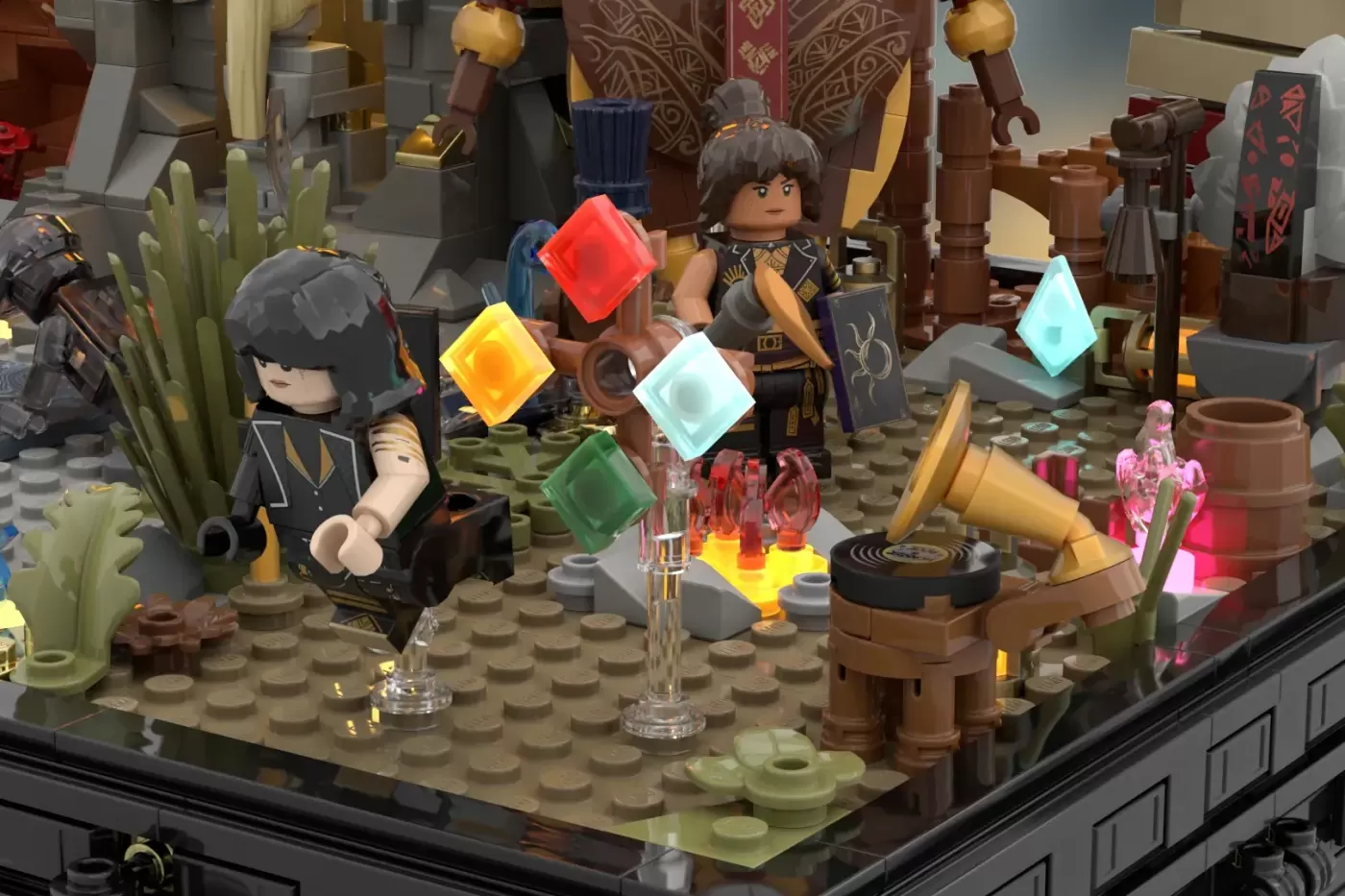 LEGO MOC depicting a Belle Époque-inspired scene with two minifigures, colorful gemstones, cacti, ornate architecture, and…