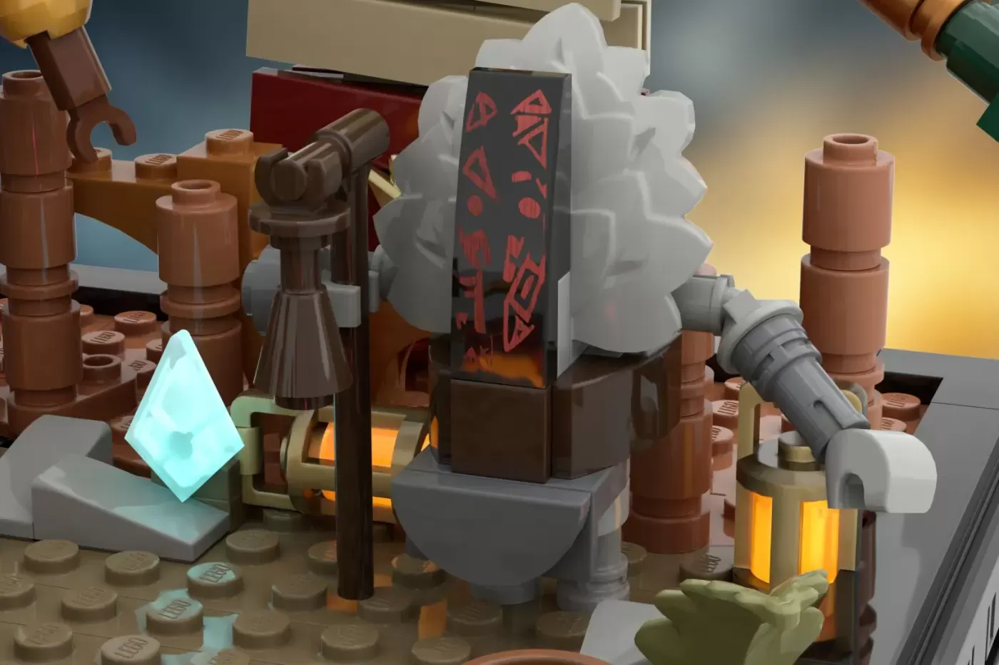 LEGO Belle Époque expedition base with glowing crystal, telescope, lanterns, and detailed steampunk architecture.