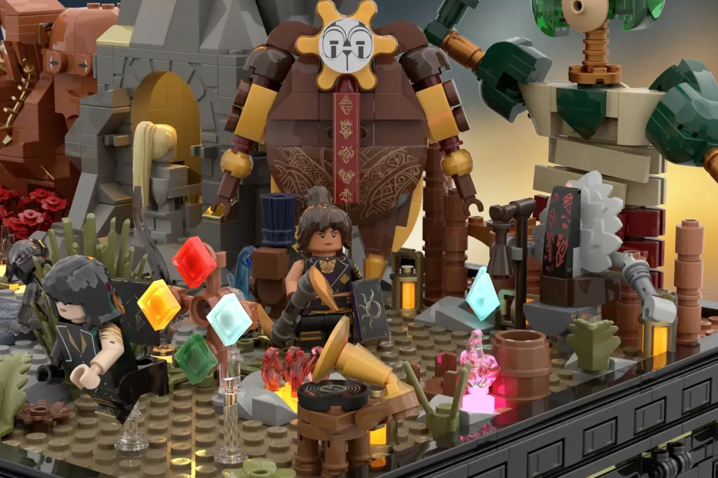 LEGO MOC depicting a Belle Époque-themed steampunk scene with minifigures, mechanical golem, glowing crystals, and ornate …