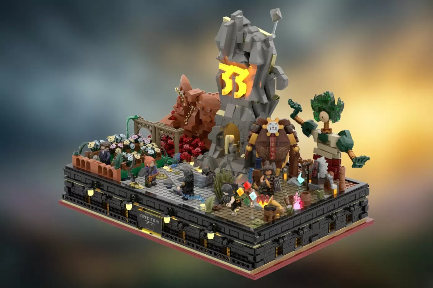 Elaborate LEGO diorama featuring a volcanic mountain with glowing lava, minifigures, ornate buildings, and lush vegetation…