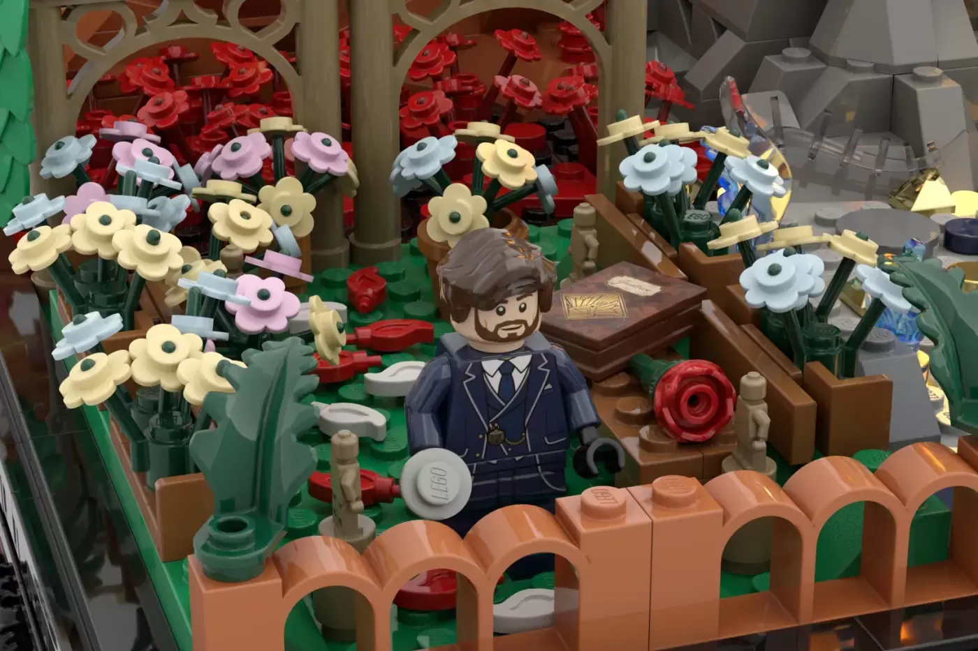 LEGO Belle Époque garden scene with minifigure in blue suit surrounded by colorful flowers and terracotta fence.
