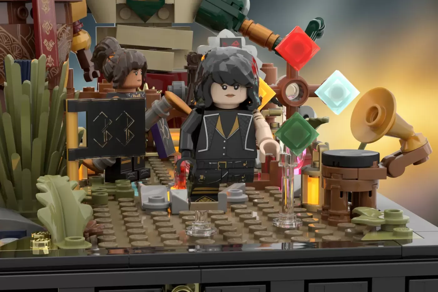 LEGO minifigure in black Belle Époque outfit stands in ornate interior with cacti, telescope, and colorful geometric eleme…