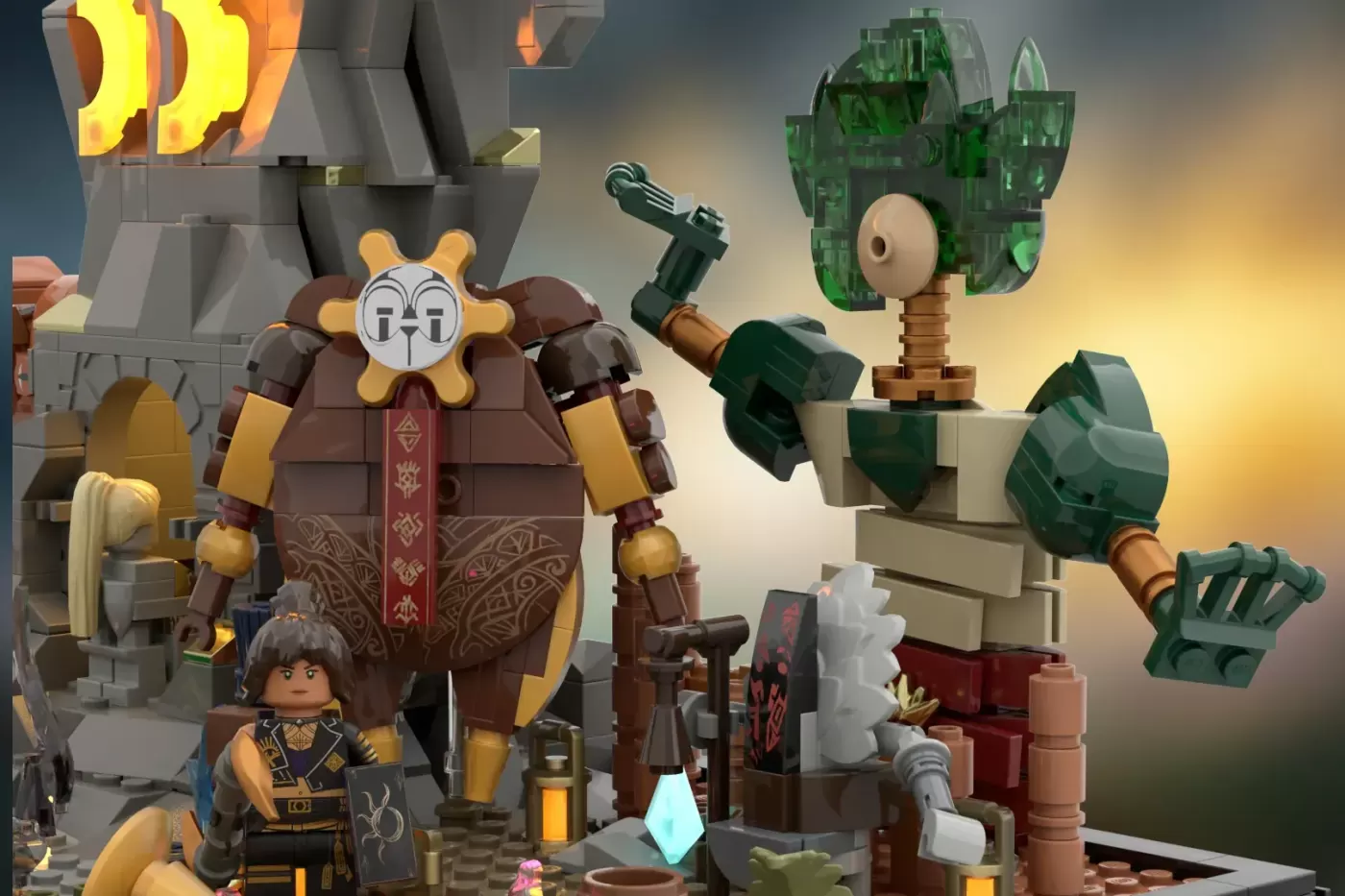 LEGO steampunk airship base with brass robot, minifigure pilot, glowing furnace, and mechanical tree structures.