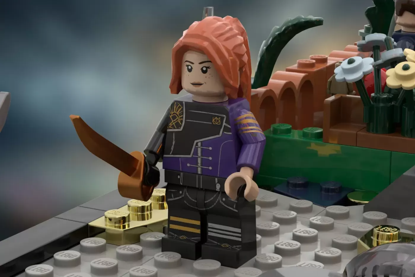 LEGO minifigure with orange hair in purple and black outfit holding brown sword on decorated baseplate.