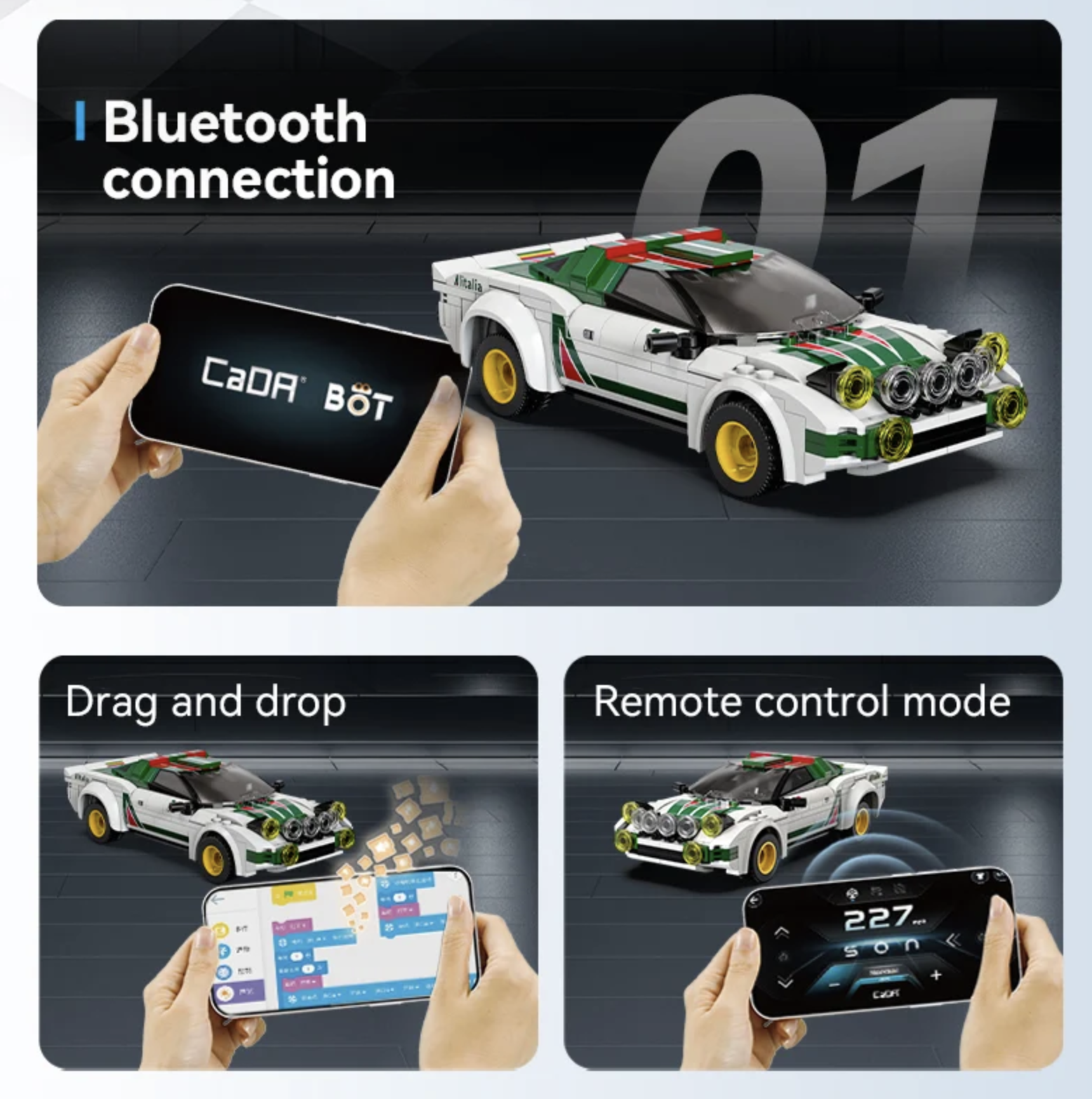 LEGO Lancia Stratos rally car with Bluetooth control via smartphone app, showing drag-and-drop and remote control modes.