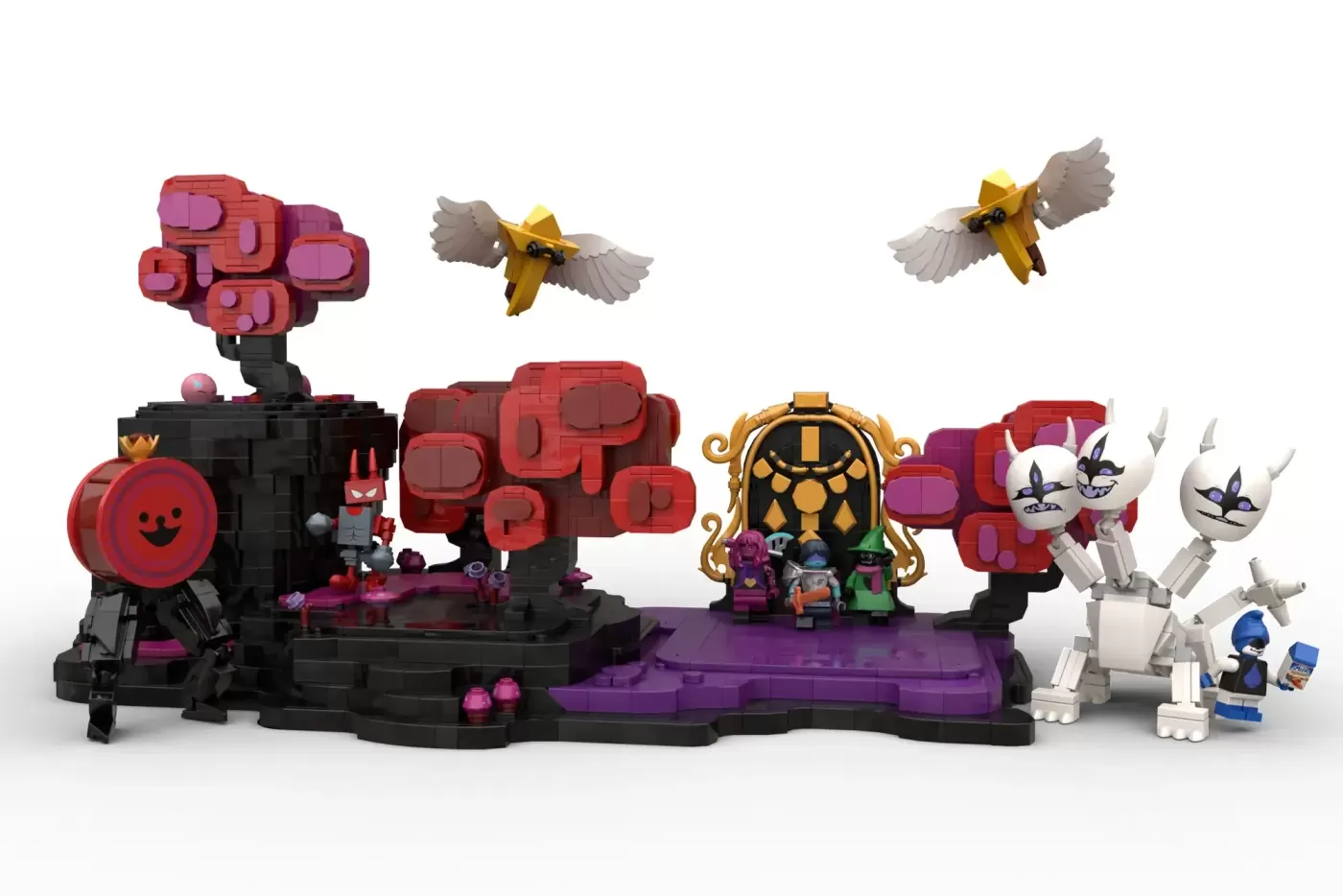 LEGO Deltarune Dark World set featuring red and purple structures, minifigures, flying creatures, and detailed fantasy lan…
