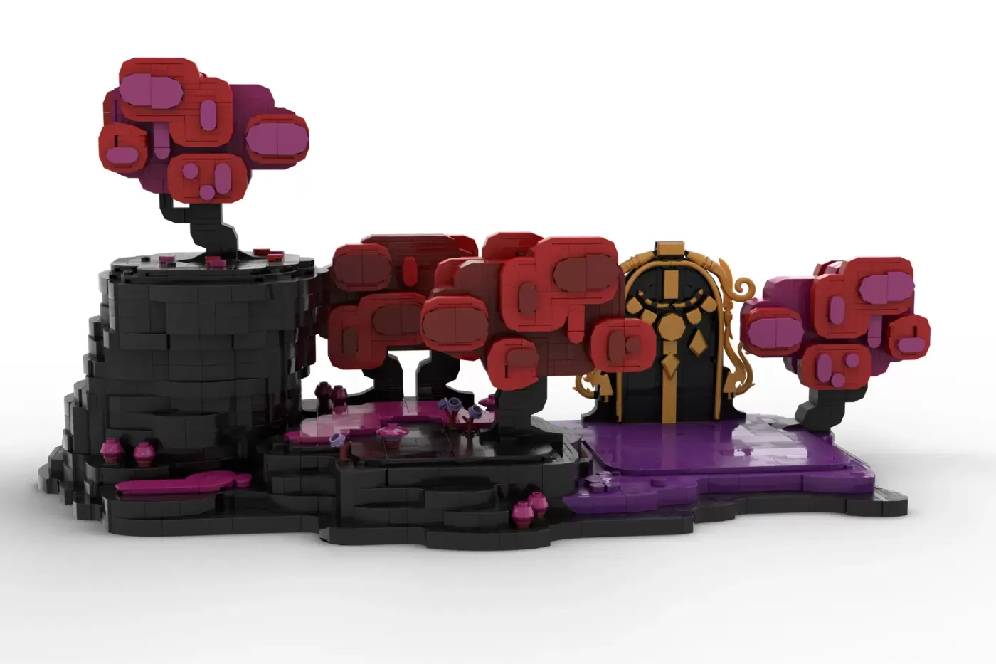 LEGO Deltarune Dark World set featuring red and purple castle structures with ornate gold details and black base platform.