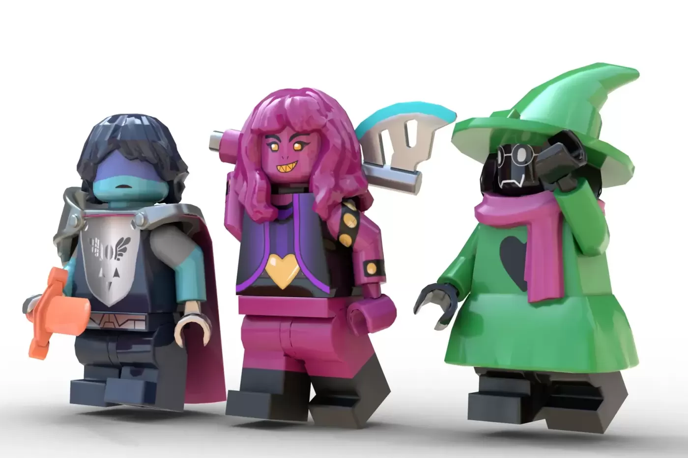 Three LEGO minifigures from Deltarune Dark World: a blue-faced knight, magenta-haired Jevil, and green-robed character wit…