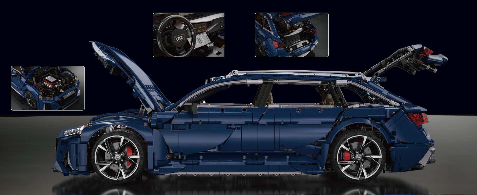 Blue LEGO Audi RS6 Avant with open hood, detailed engine, steering wheel, and interior details displayed.