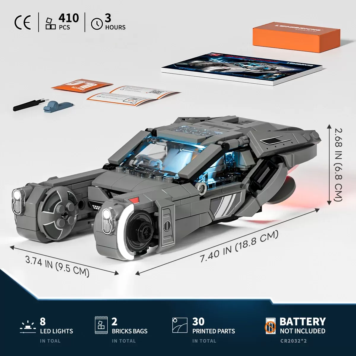 LEGO Blade Runner 2049 Spinner vehicle set with 410 pieces, featuring LED lights and detailed futuristic car design.