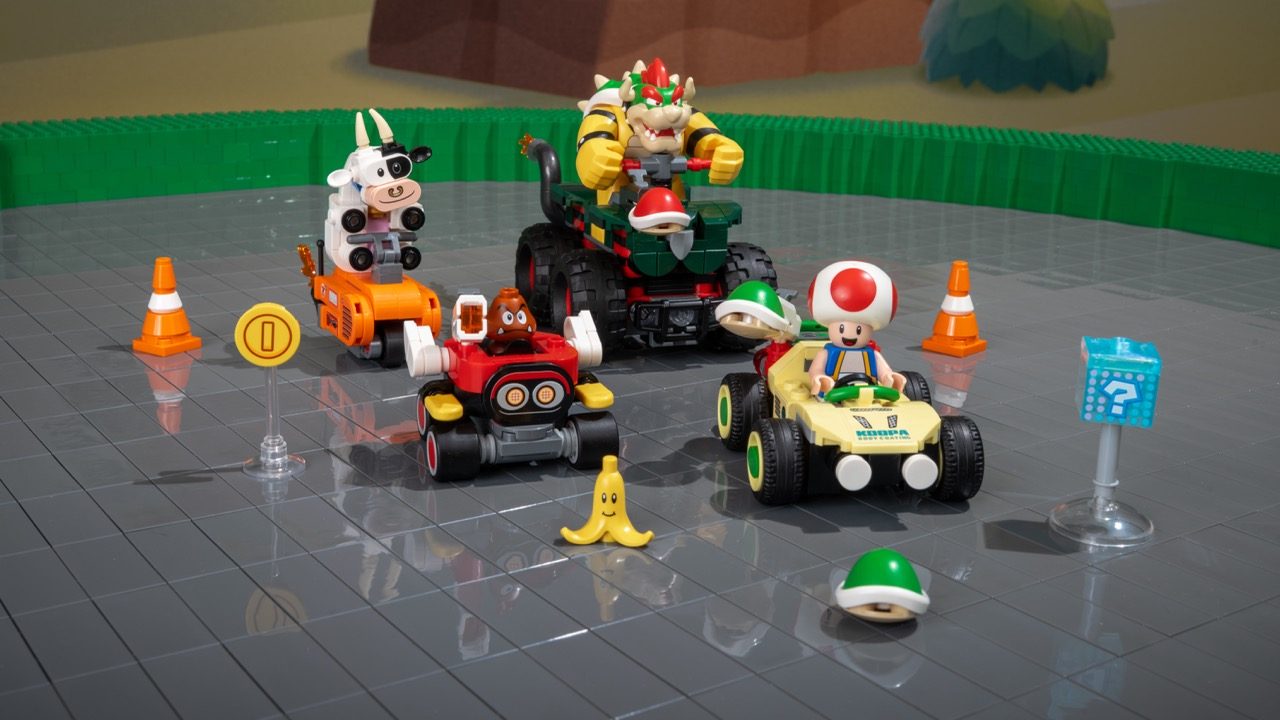 LEGO Super Mario 2027 sets displayed with kart vehicles, minifigures including Toad, and track accessories on a course.
