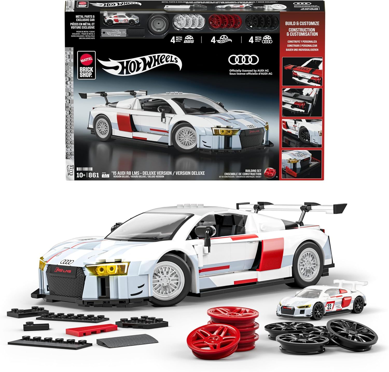 Hot Wheels Brick Shop '15 Audi R8 LMS Deluxe building set with white and red race car, custom wheels, and accessories.
