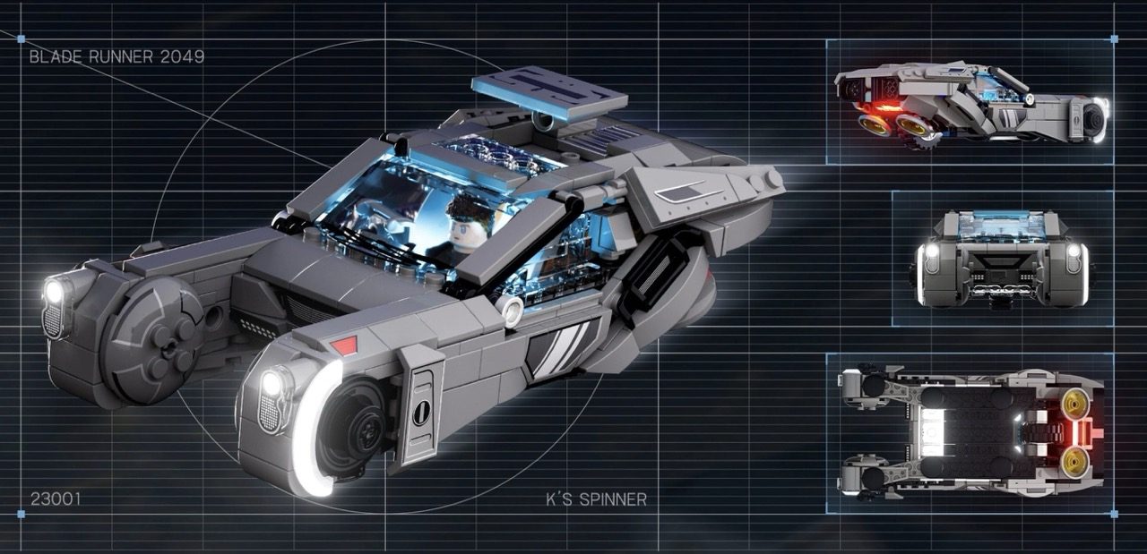 LEGO Blade Runner 2049 K's Spinner with illuminated neon details and component views on technical schematic background.
