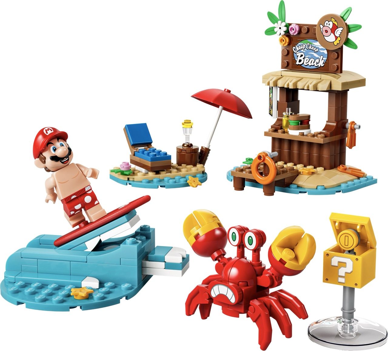 LEGO Super Mario Beach themed set with Mario minifigure, surfboard, beach shack, crab enemy, and question mark block.