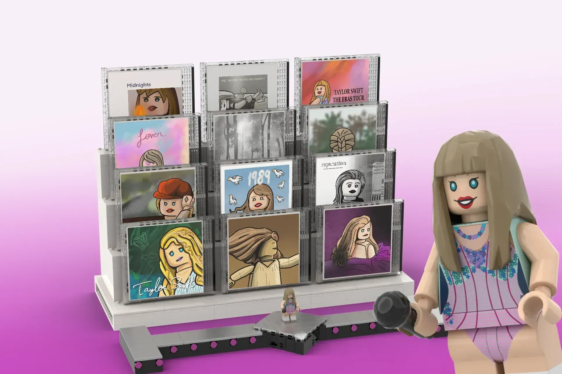 LEGO Ideas Taylor Swift set with minifigure and CD display shelf showcasing album artwork against pink background.