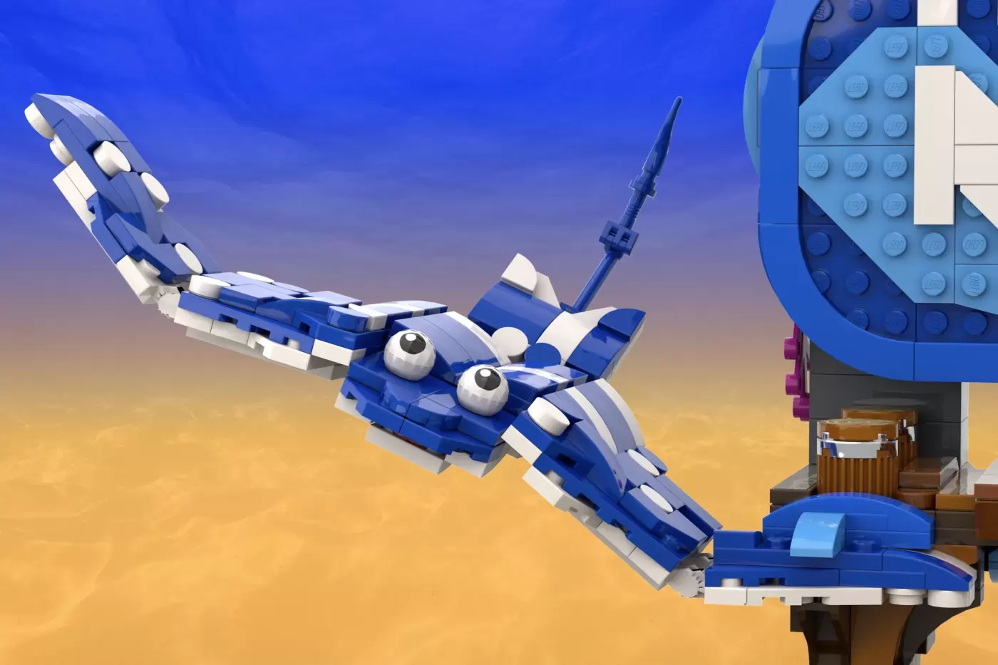 LEGO buildable shark with blue and white coloring next to a beach-themed structure with wooden details.