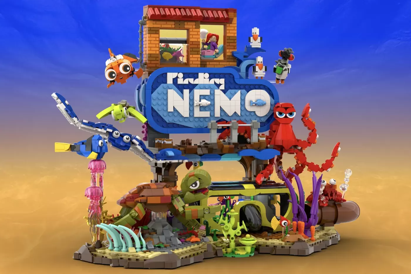LEGO Finding Nemo set featuring ocean scenes, characters, coral, seaweed, and minifigures on a blue gradient background.