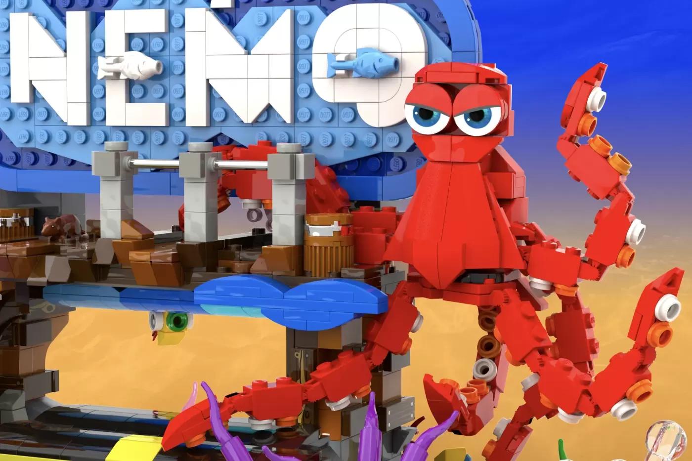 LEGO Ideas Finding Nemo set featuring a red crab character with articulated limbs and ocean-themed construction pieces.