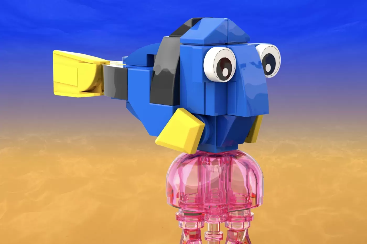 Pixar's Dory LEGO character build with blue blocky body, yellow fins, white eyes, and translucent pink jellyfish base.