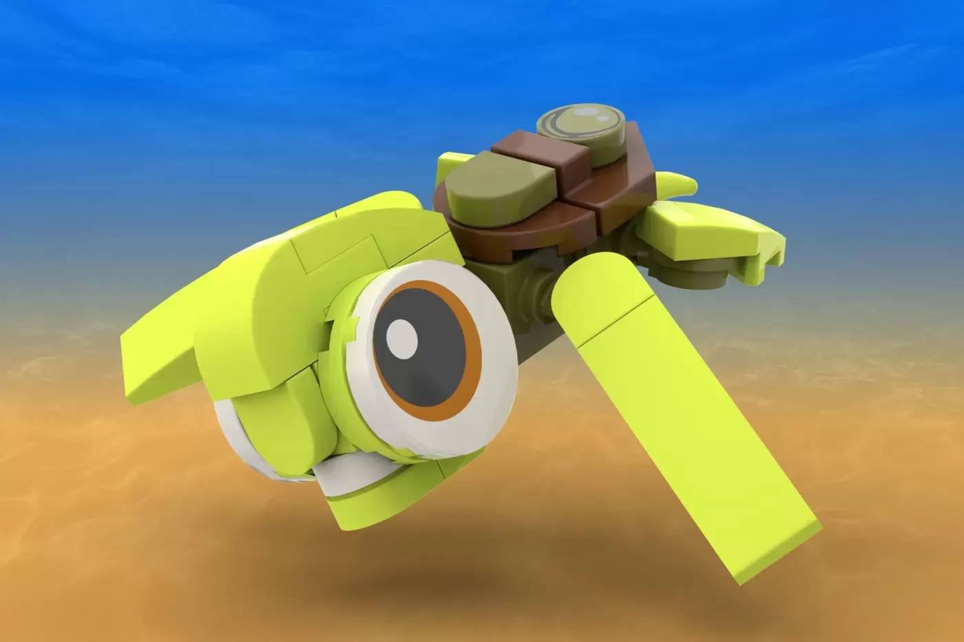 LEGO brick-built sea turtle with bright yellow-green body, brown shell, and large white eye against sandy ocean backdrop.